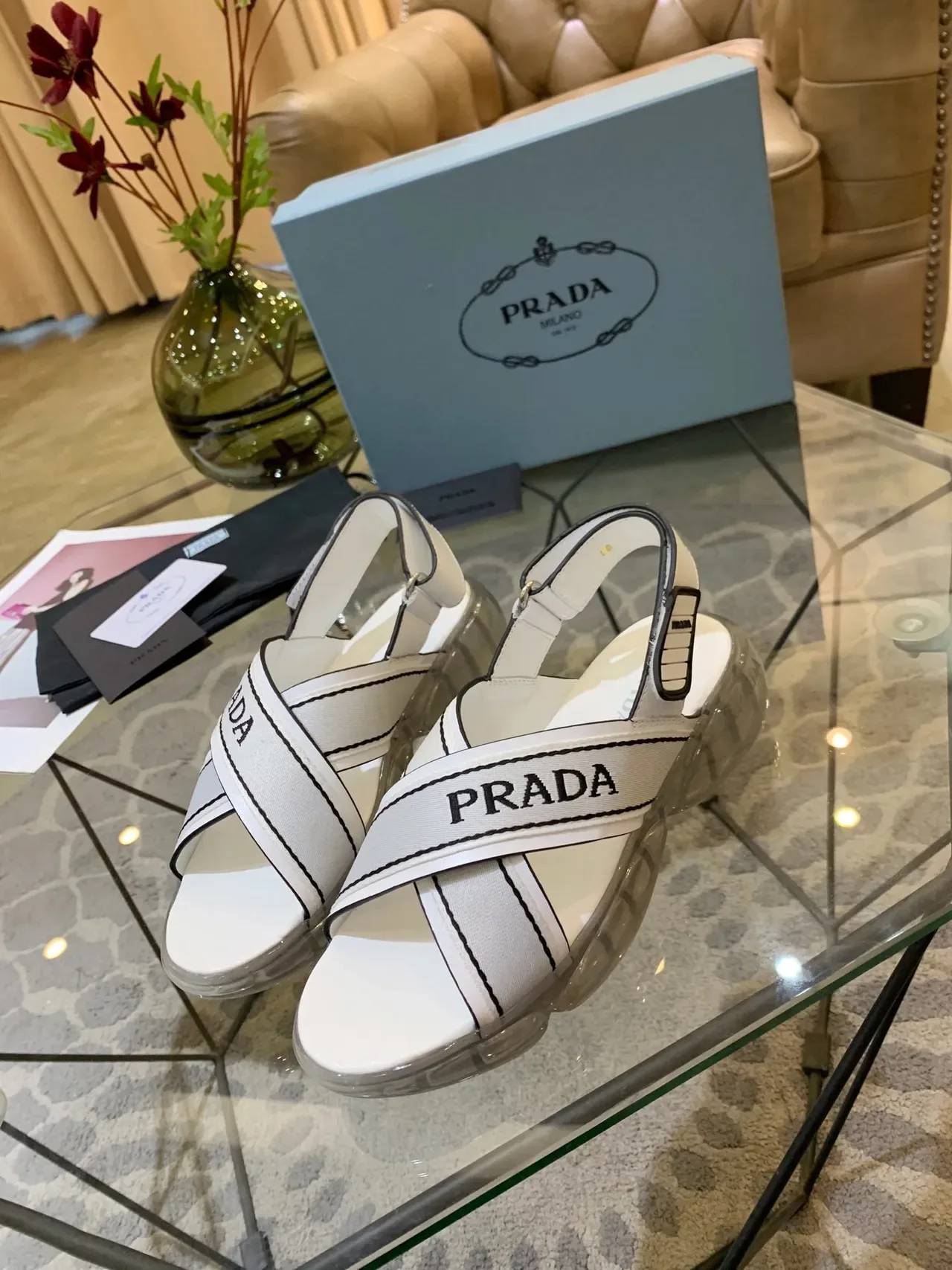 Prada Cloudbust White and Black Logo Strap Casual Sandals 3