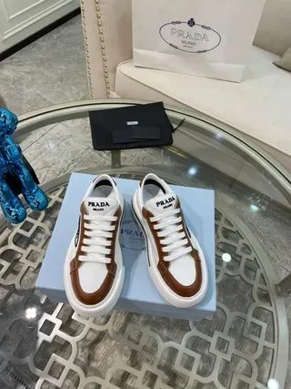 Prada Cloudbust White and Brown Leather Platform Lifestyle Sneakers 2