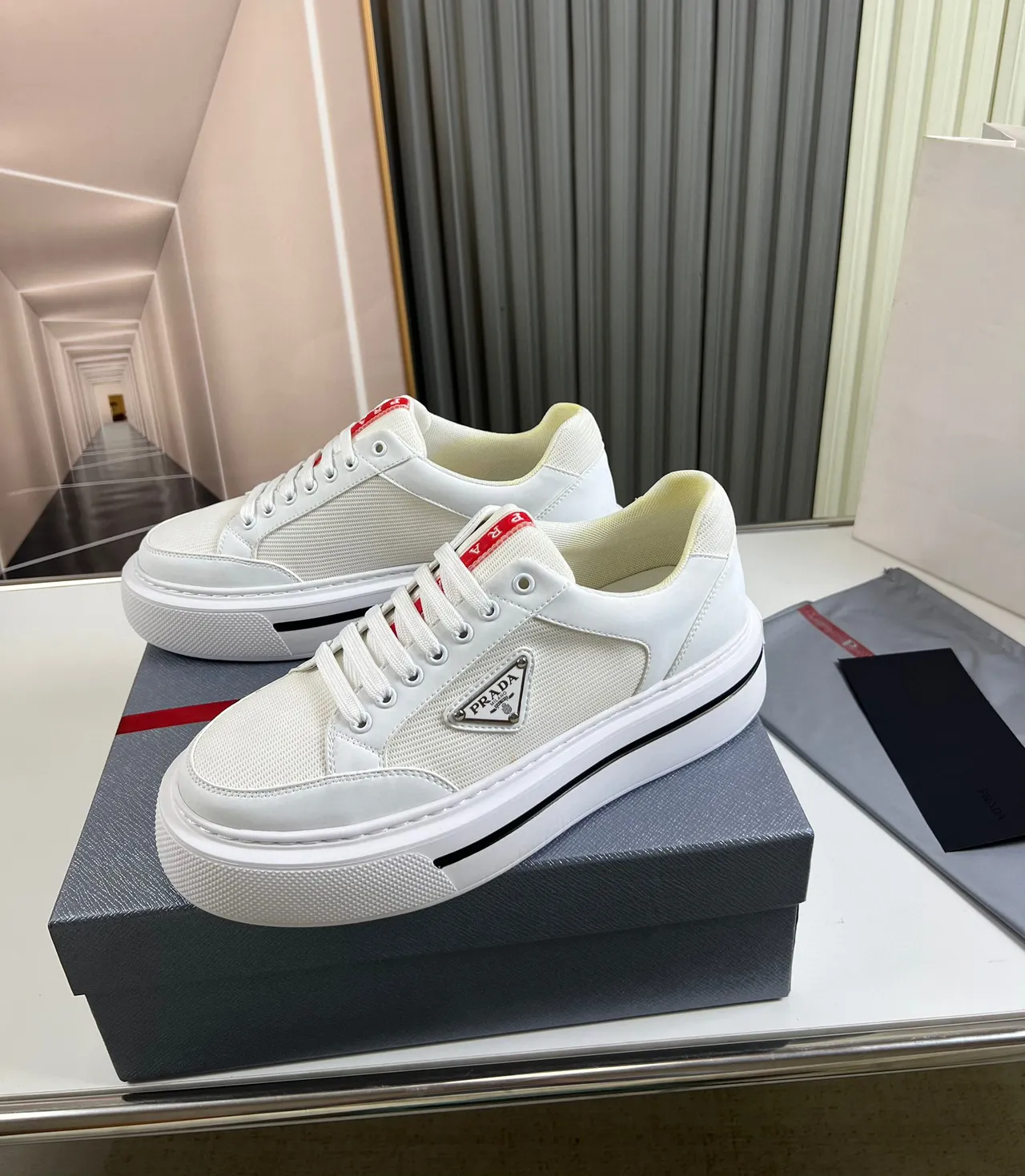 Prada Cloudbust White Mesh and Leather Platform Lifestyle Sneakers 8
