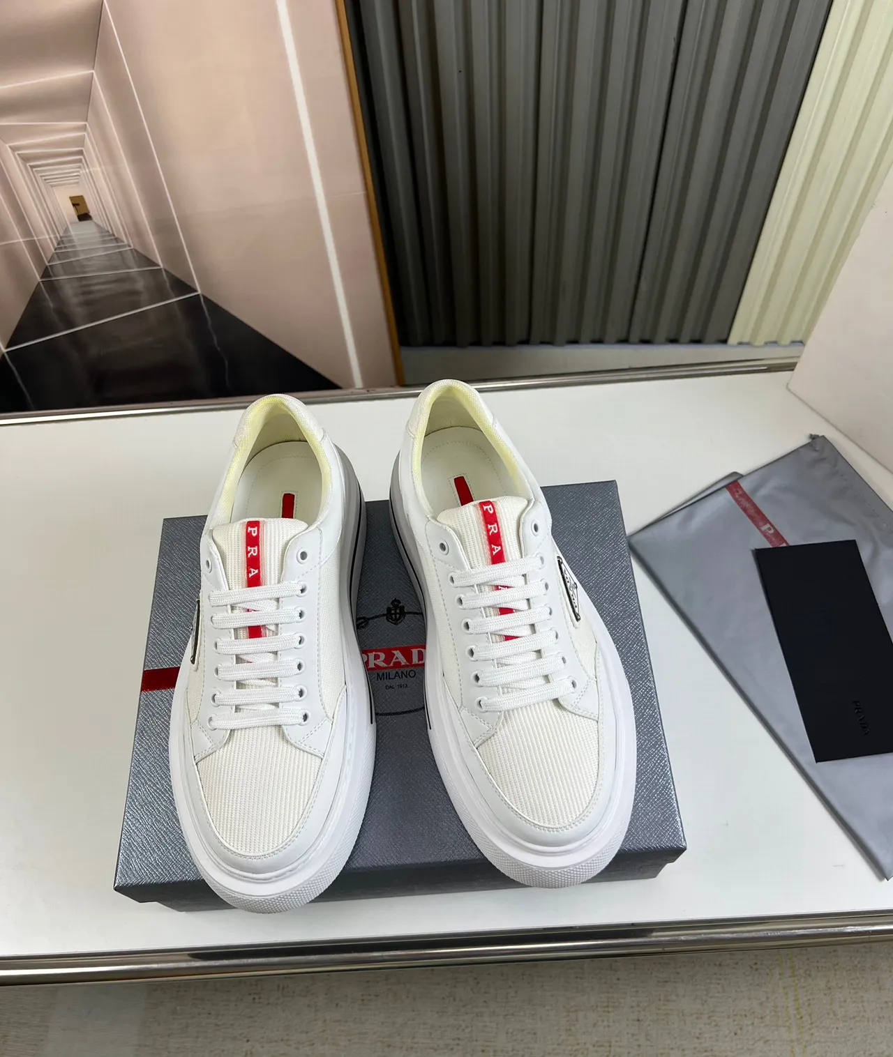 Prada Cloudbust White Mesh and Leather Platform Lifestyle Sneakers 9