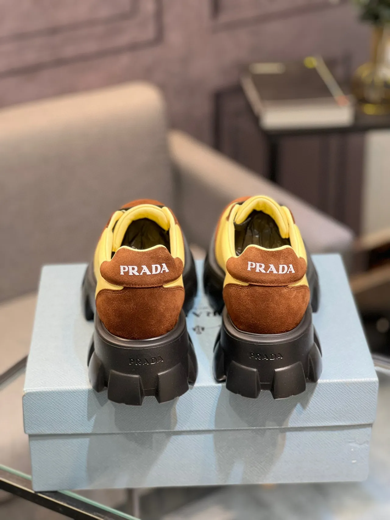 Prada Cloudbust Yellow and Brown Suede Chunky Sneakers 2