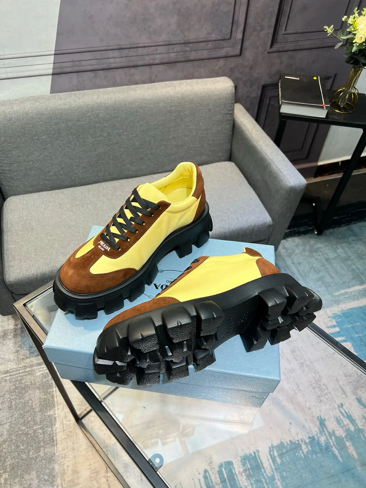Prada Cloudbust Yellow and Brown Suede Chunky Sneakers 4