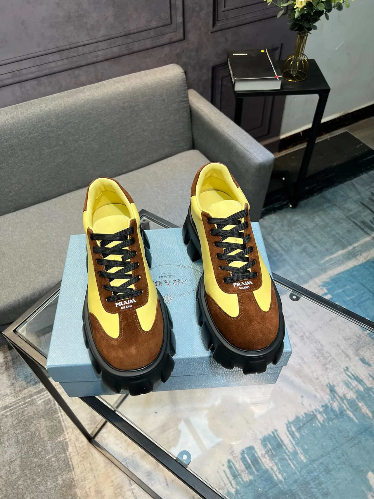 Prada Cloudbust Yellow and Brown Suede Chunky Sneakers 7
