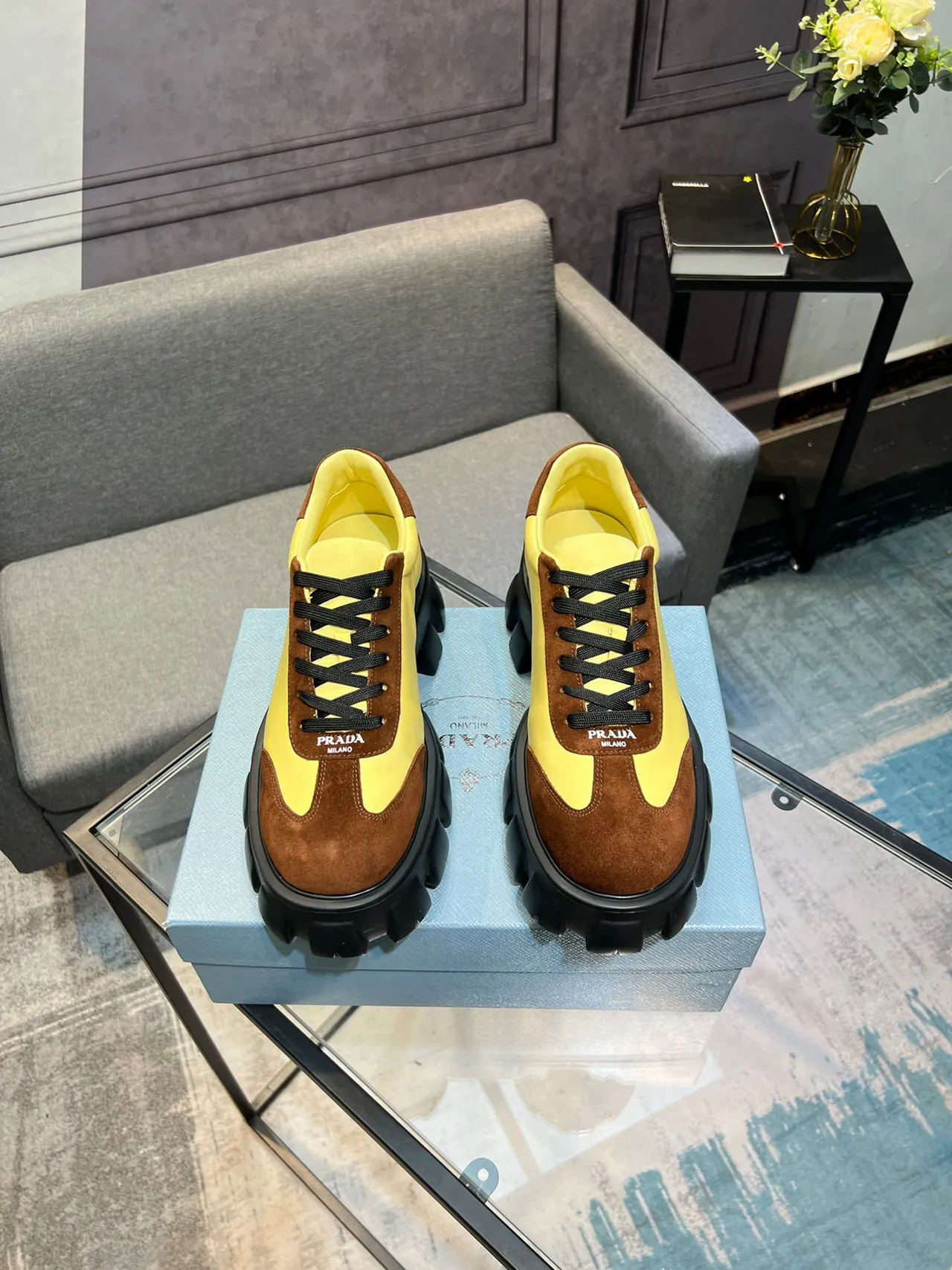 Prada Cloudbust Yellow and Brown Suede Chunky Sneakers 9