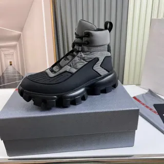 Prada Gray Black Quilted Nylon Upper Chunky Lug Sole Work Boots
