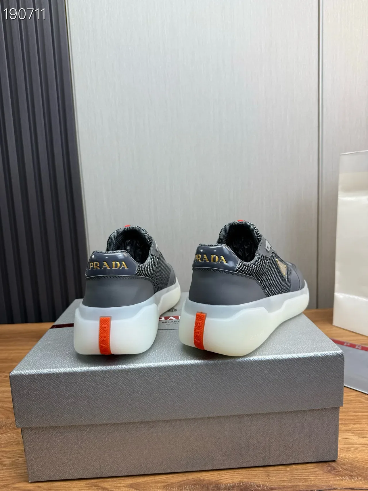Prada Gray Red Mesh-and-Synthetic Upper Triangular Metal Logo Plaque Lifestyle Sneakers 2