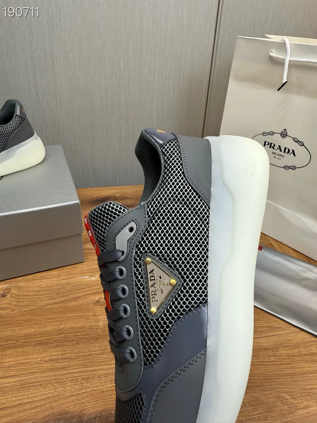 Prada Gray Red Mesh-and-Synthetic Upper Triangular Metal Logo Plaque Lifestyle Sneakers 4