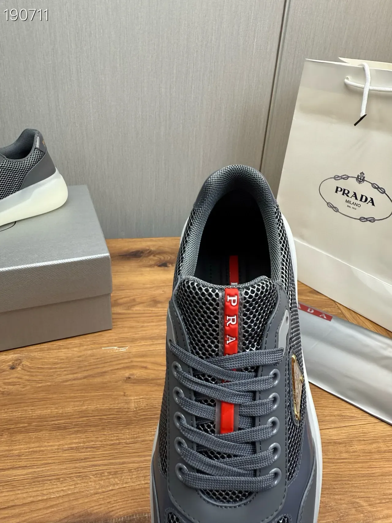 Prada Gray Red Mesh-and-Synthetic Upper Triangular Metal Logo Plaque Lifestyle Sneakers 5