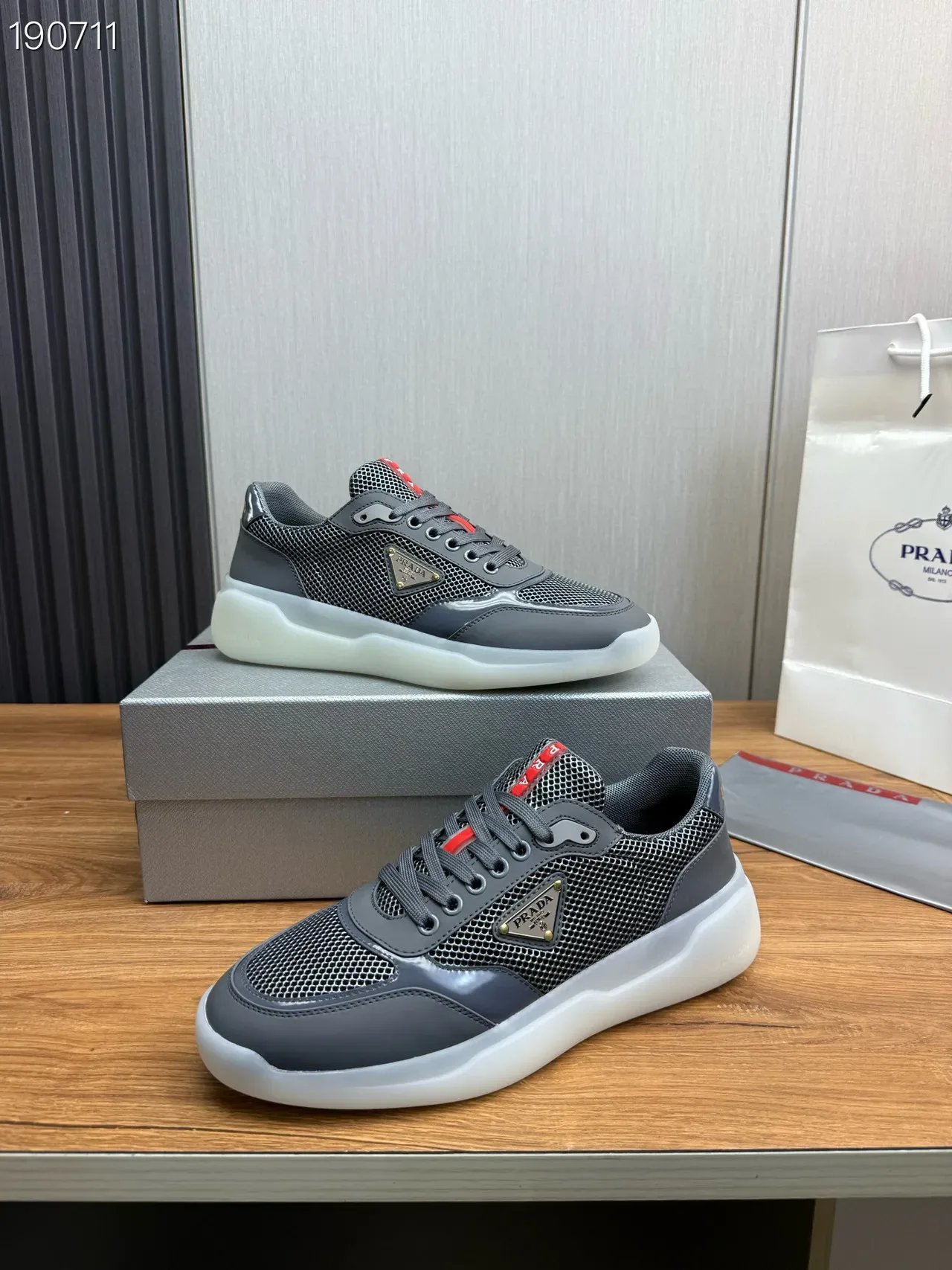 Prada Gray Red Mesh-and-Synthetic Upper Triangular Metal Logo Plaque Lifestyle Sneakers 6
