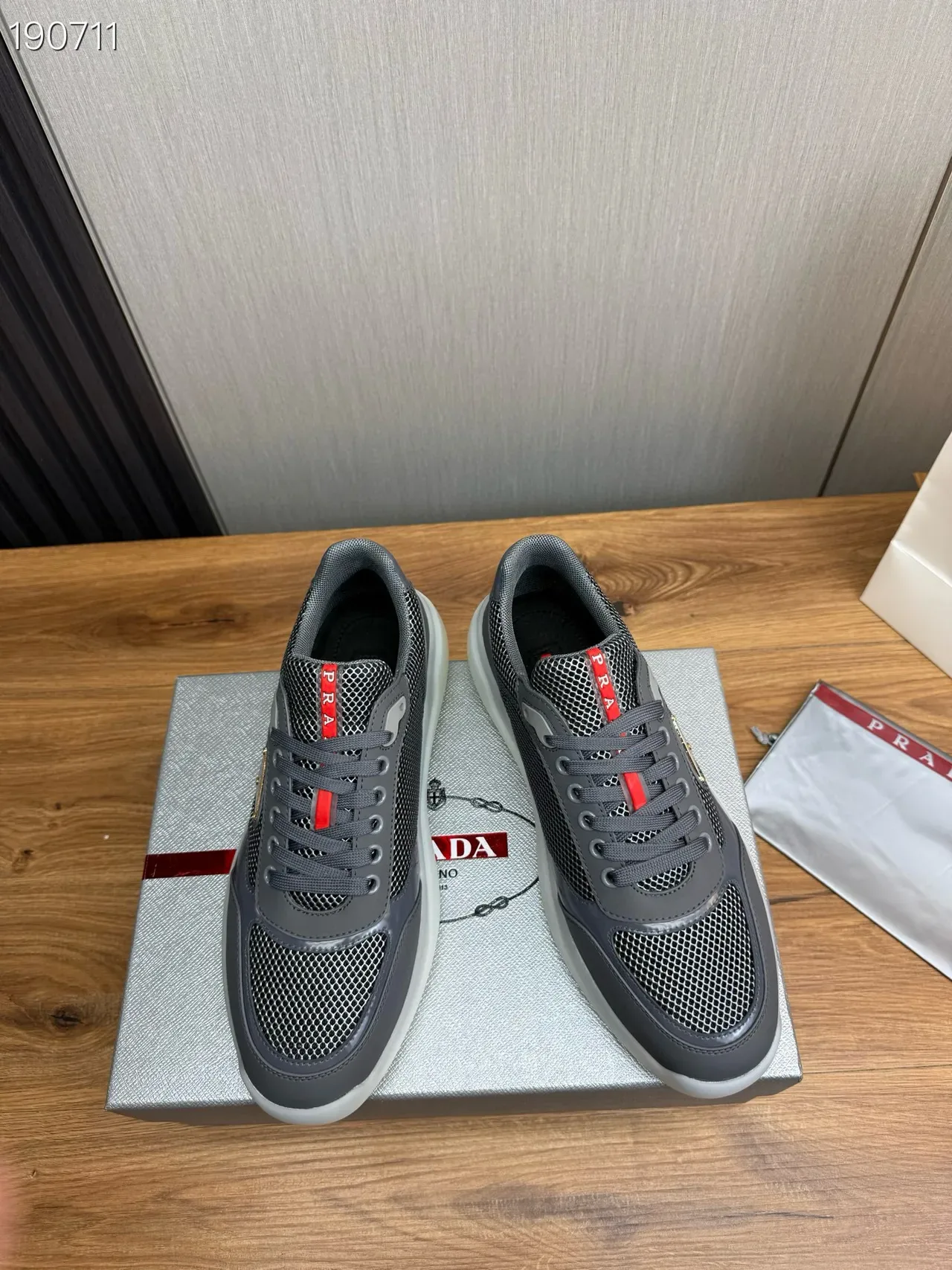 Prada Gray Red Mesh-and-Synthetic Upper Triangular Metal Logo Plaque Lifestyle Sneakers 8