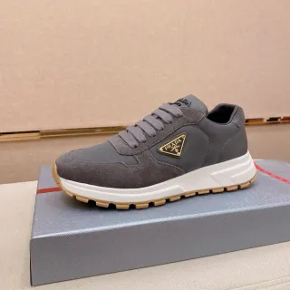 Prada Gray White Suede And Leather Panelled Triangular Logo Patch Lifestyle Sneakers