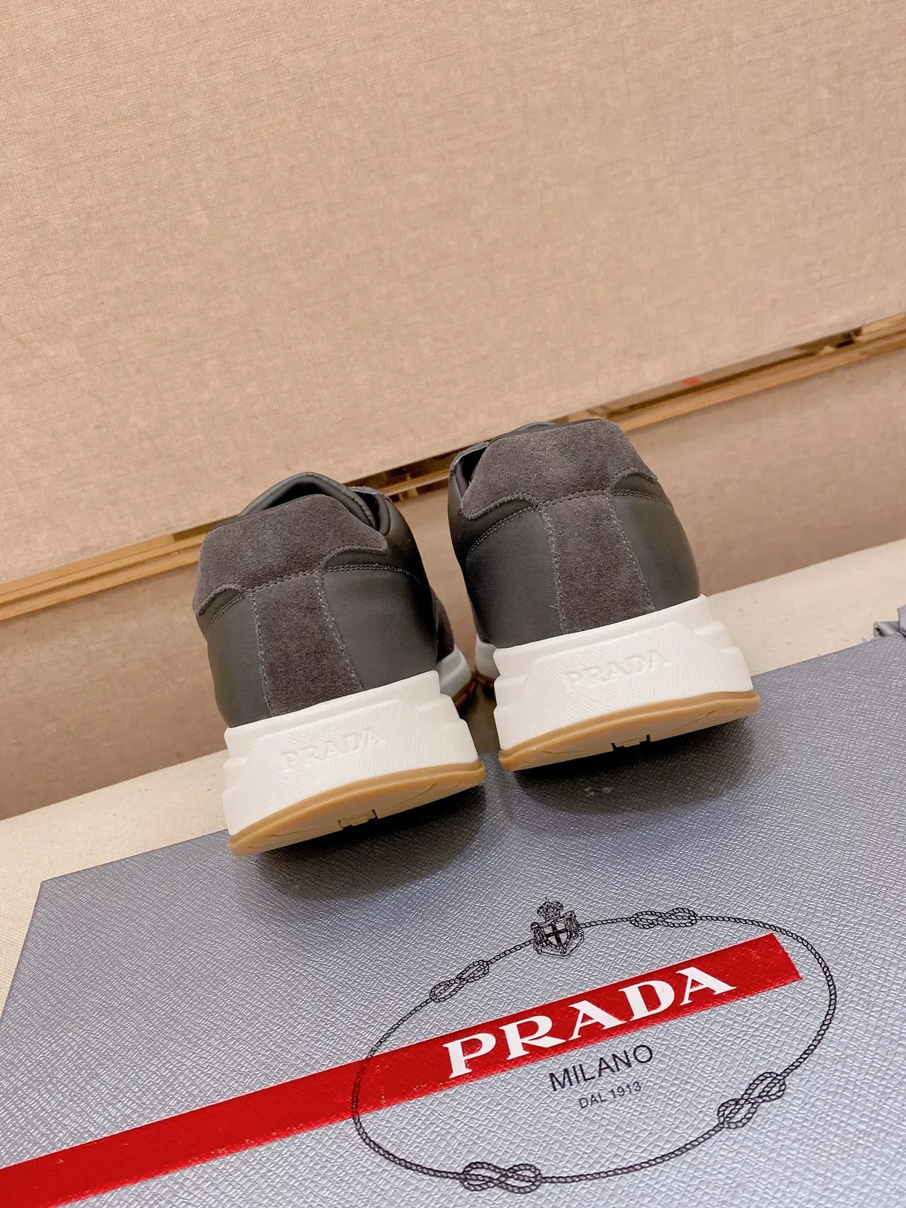 Prada Gray White Suede And Leather Panelled Triangular Logo Patch Lifestyle Sneakers 3