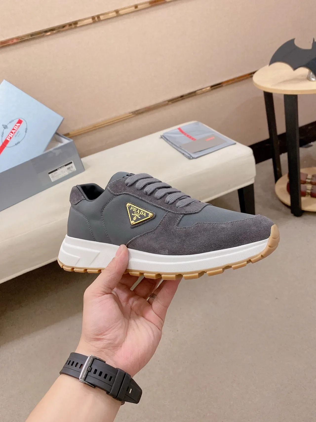 Prada Gray White Suede And Leather Panelled Triangular Logo Patch Lifestyle Sneakers 4