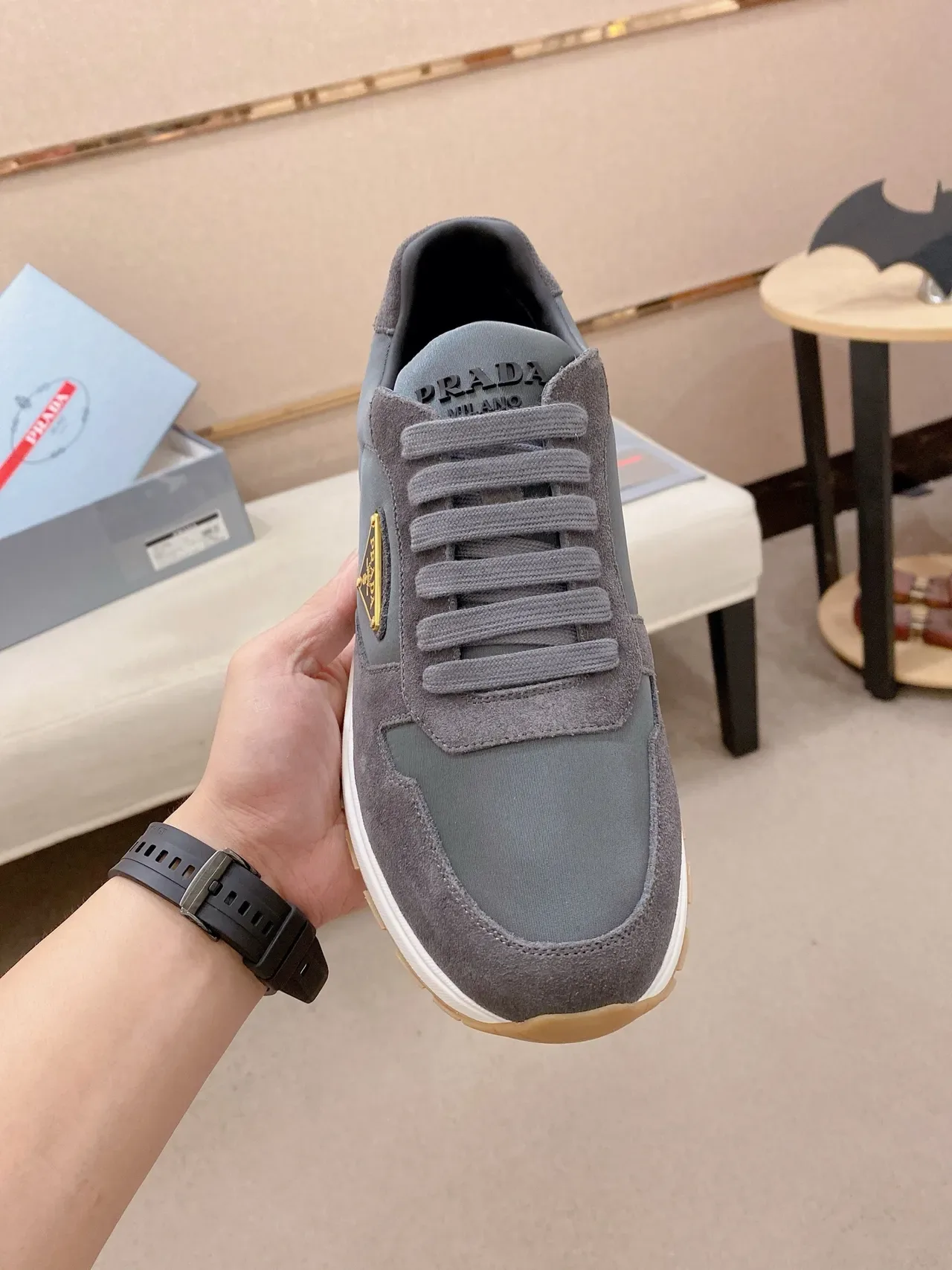 Prada Gray White Suede And Leather Panelled Triangular Logo Patch Lifestyle Sneakers 5