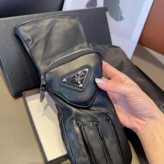 Prada Leather Glove Black Silver Zipper-Closure Leather Gloves