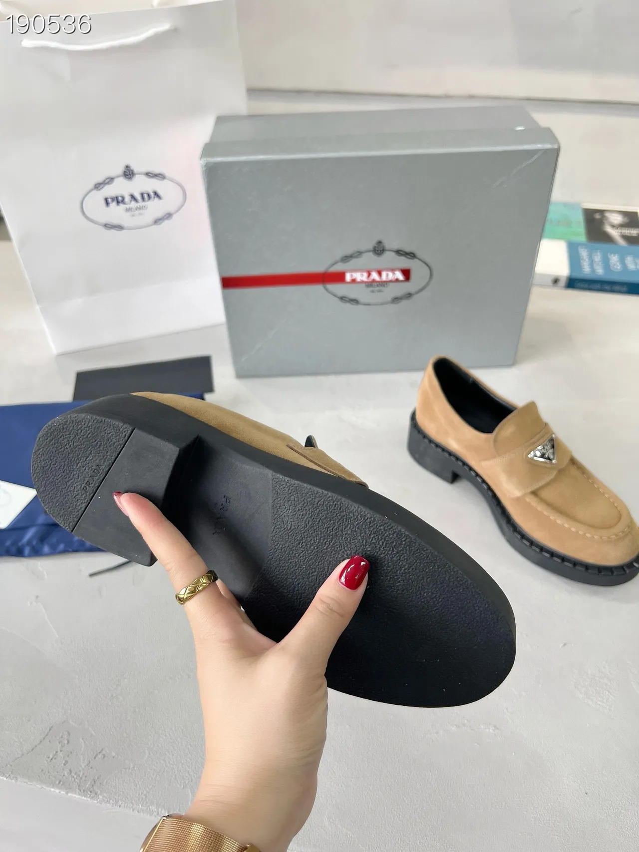 Prada Loafer Beige Black Suede Upper Platform Sole Loafer 3