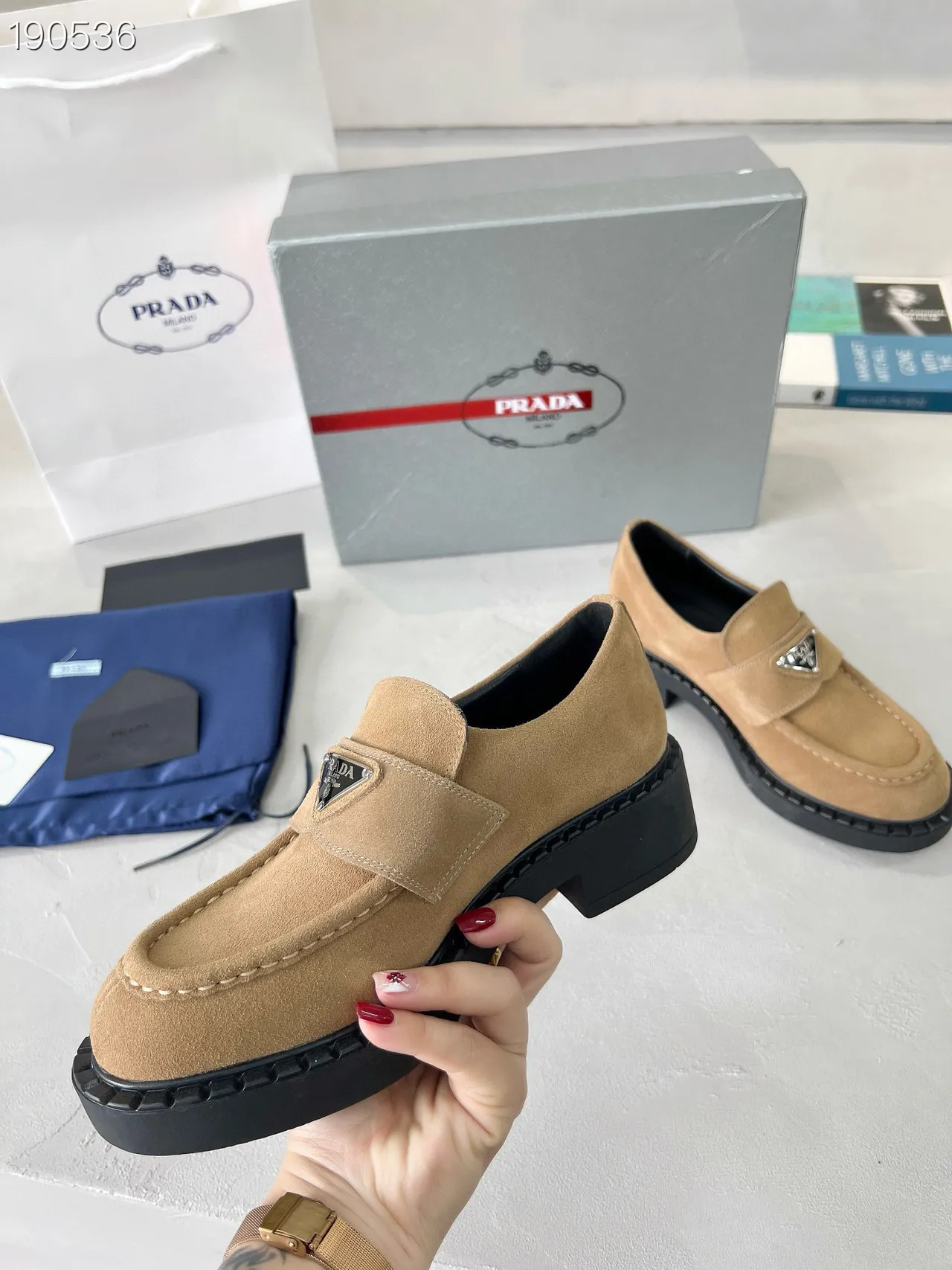 Prada Loafer Beige Black Suede Upper Platform Sole Loafer 4