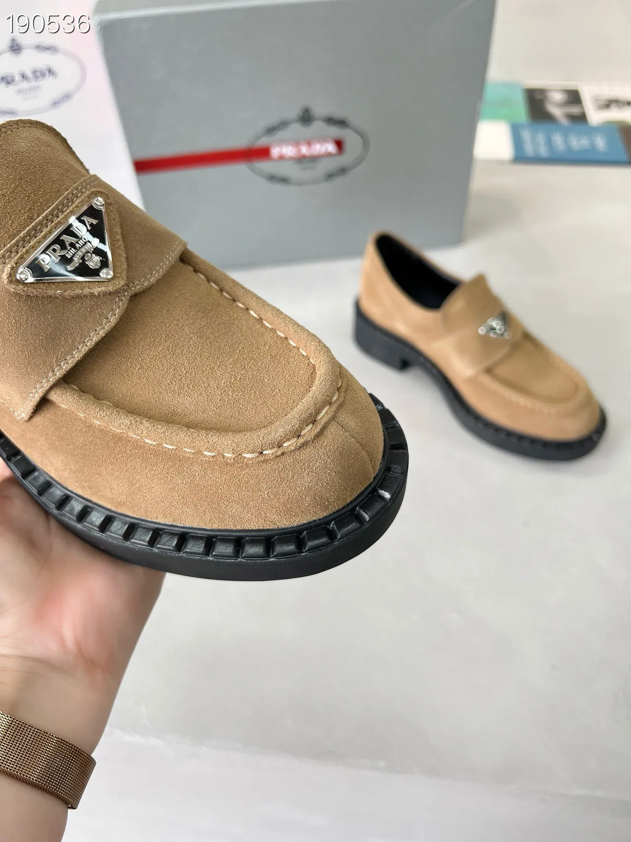 Prada Loafer Beige Black Suede Upper Platform Sole Loafer 6