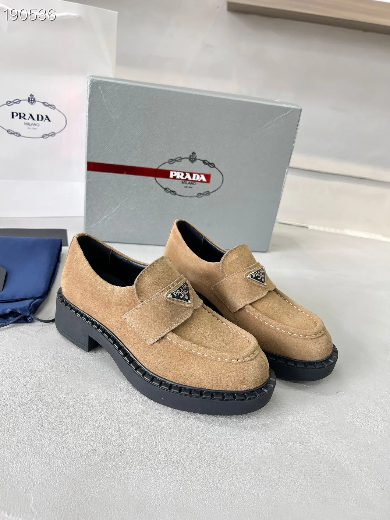 Prada Loafer Beige Black Suede Upper Platform Sole Loafer 7