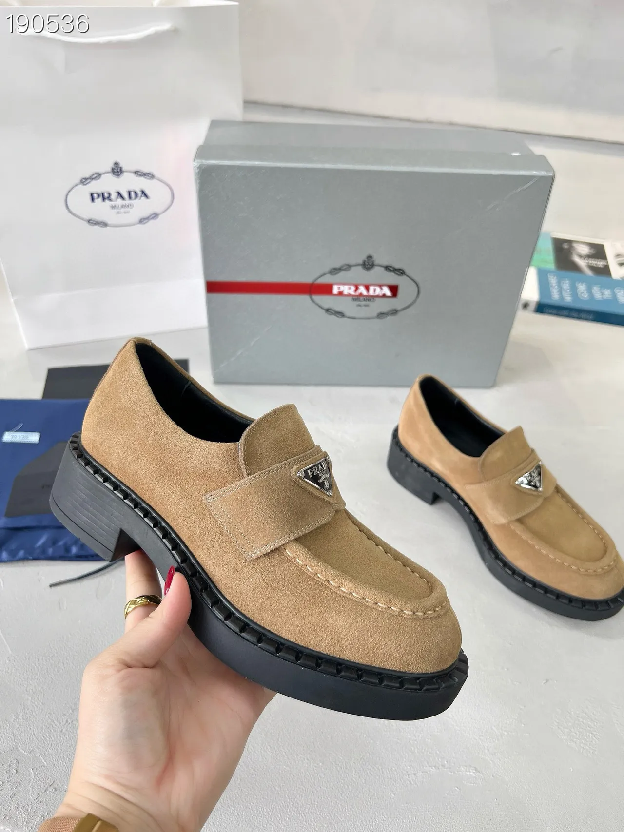 Prada Loafer Beige Black Suede Upper Platform Sole Loafer 8
