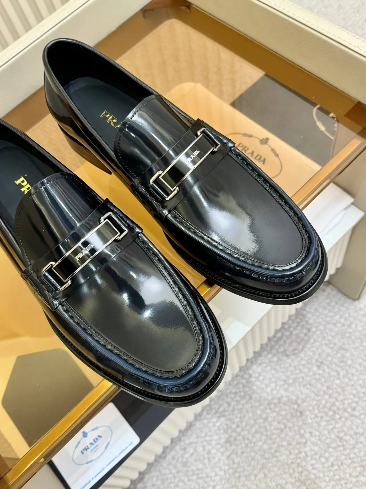 Prada Loafer Black Silver Glossy Patent Leather Metal Buckle Strap Loafer 4