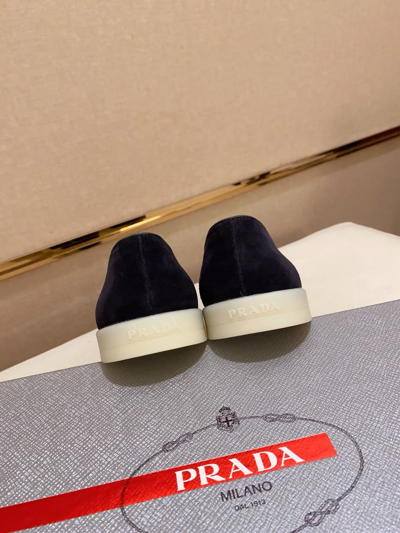 Prada Loafer Navy White Suede Velcro Strap Loafer 4