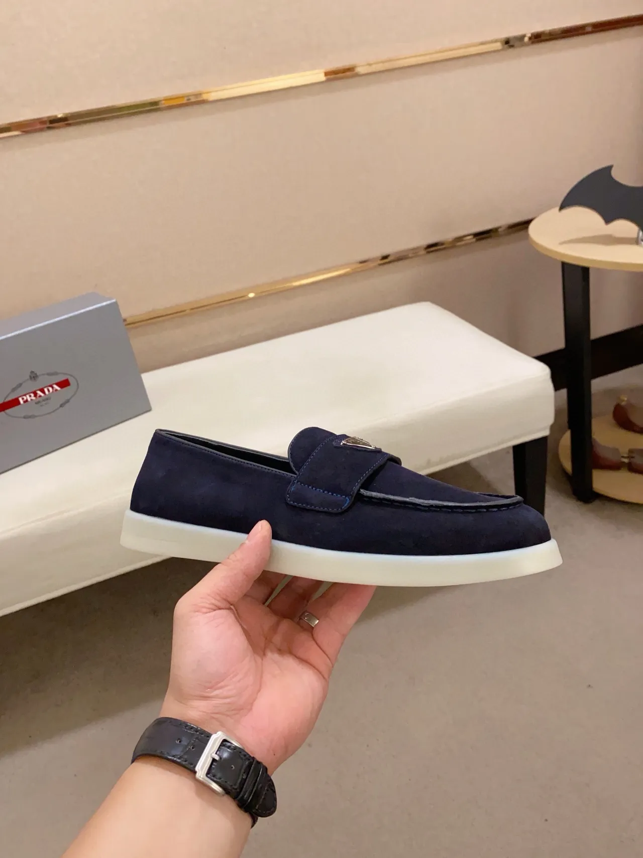 Prada Loafer Navy White Suede Velcro Strap Loafer 5