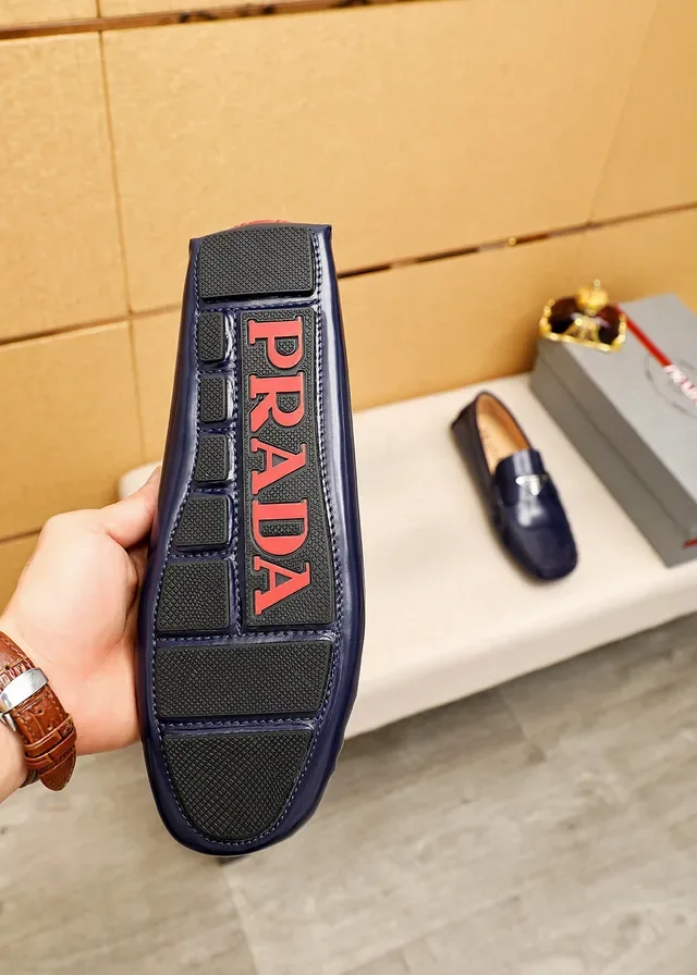 Prada Navy Beige Glossy Patent Leather Metal Triangle Logo Plaque Loafer 2