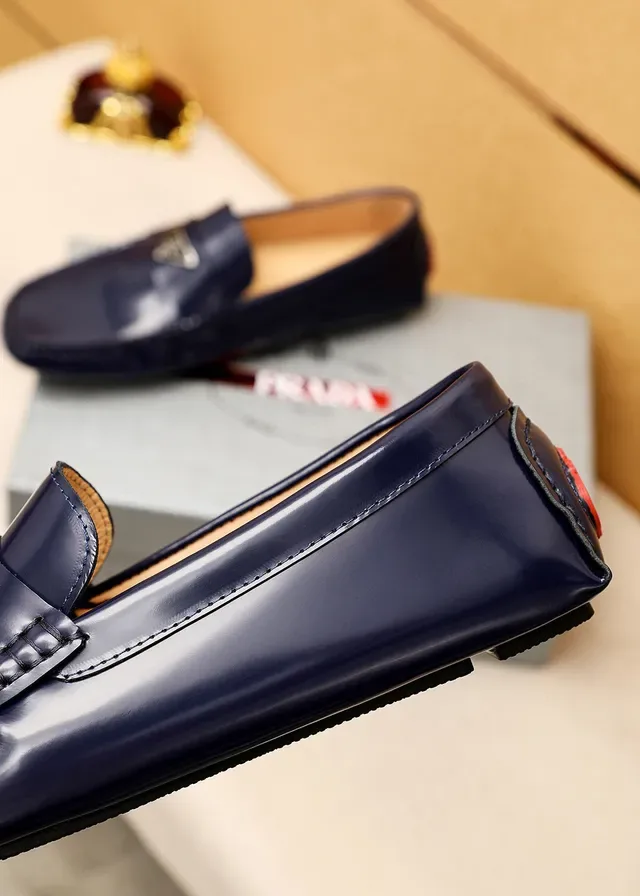Prada Navy Beige Glossy Patent Leather Metal Triangle Logo Plaque Loafer 3