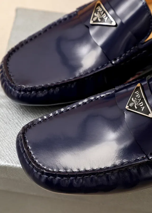 Prada Navy Beige Glossy Patent Leather Metal Triangle Logo Plaque Loafer 4
