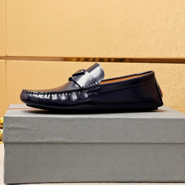Prada Navy Beige Glossy Patent Leather Metal Triangle Logo Plaque Loafer 5