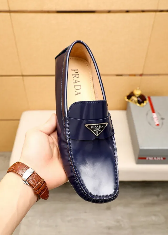 Prada Navy Beige Glossy Patent Leather Metal Triangle Logo Plaque Loafer 7