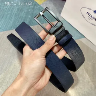 Prada Navy Black Saffiano Textured Reversible Leather Belt