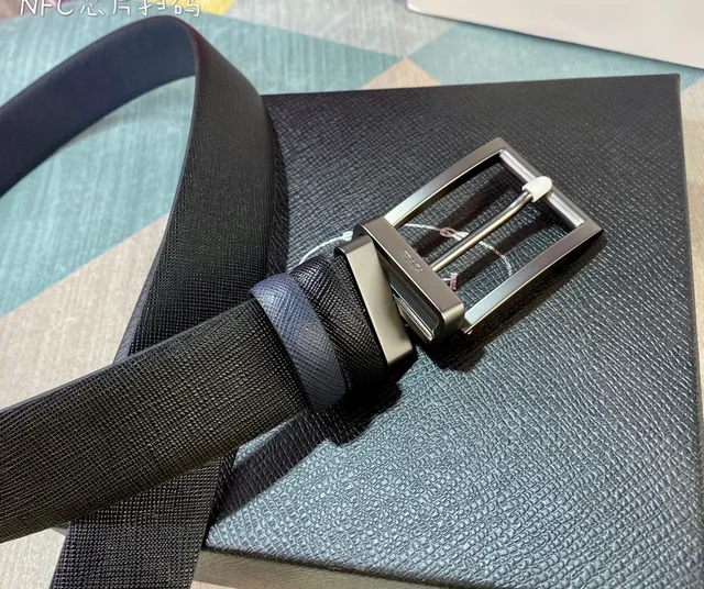 Prada Navy Black Saffiano Textured Reversible Leather Belt 2