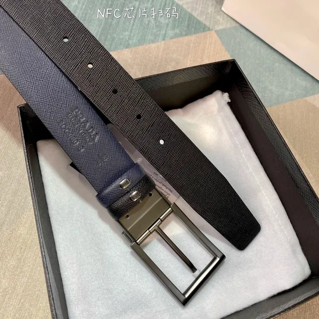 Prada Navy Black Saffiano Textured Reversible Leather Belt 3