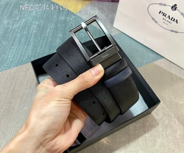 Prada Navy Black Saffiano Textured Reversible Leather Belt 4