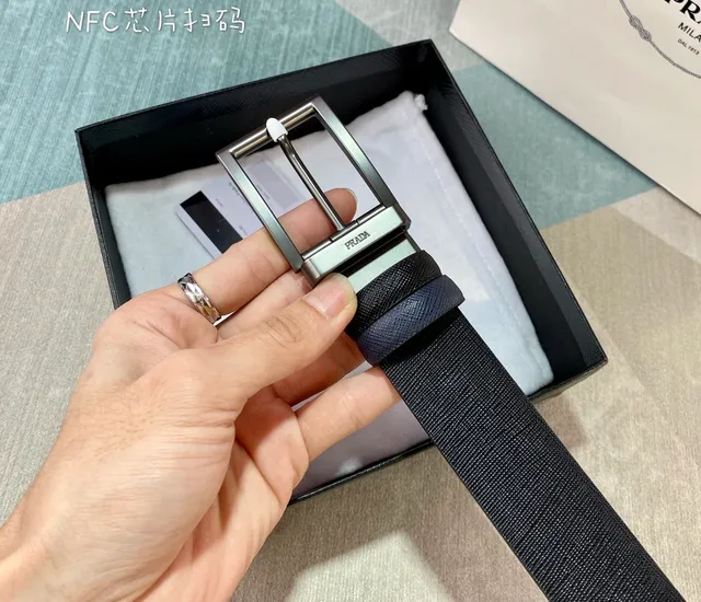 Prada Navy Black Saffiano Textured Reversible Leather Belt 5