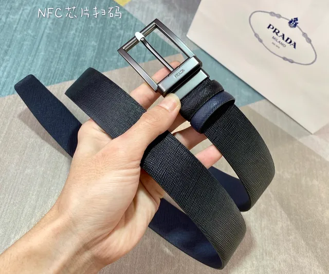 Prada Navy Black Saffiano Textured Reversible Leather Belt 6