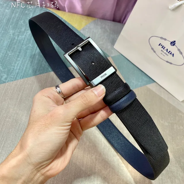 Prada Navy Black Saffiano Textured Reversible Leather Belt 7