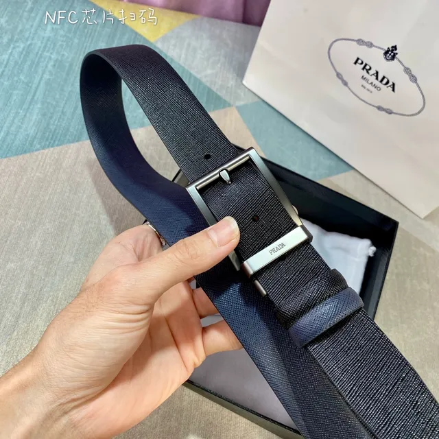 Prada Navy Black Saffiano Textured Reversible Leather Belt 8