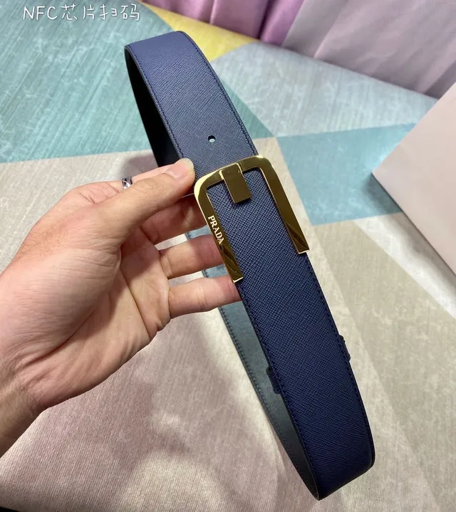 Prada Navy Gold Saffiano G-Shaped Buckle Leather Belt 2