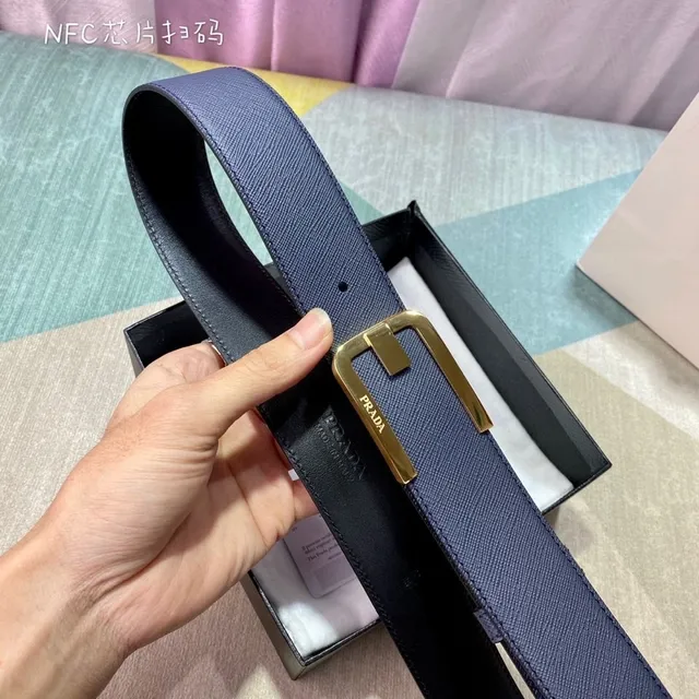 Prada Navy Gold Saffiano G-Shaped Buckle Leather Belt 3