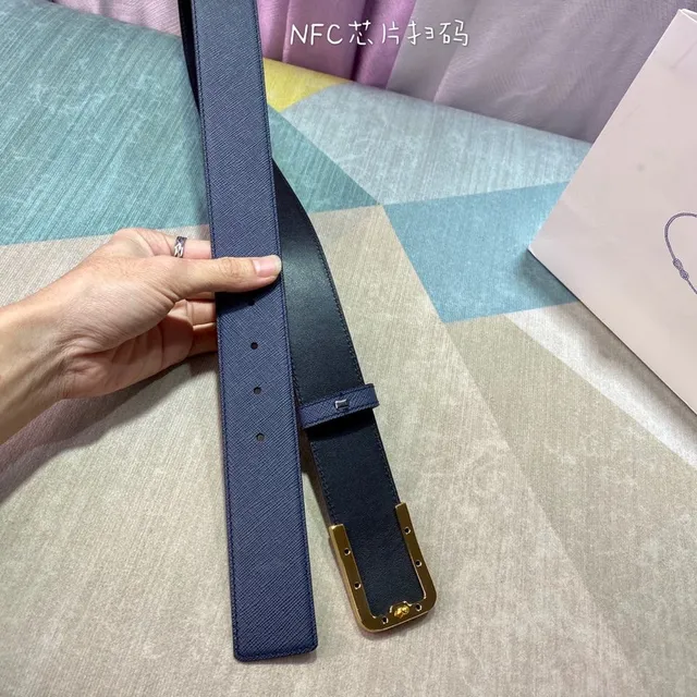 Prada Navy Gold Saffiano G-Shaped Buckle Leather Belt 4