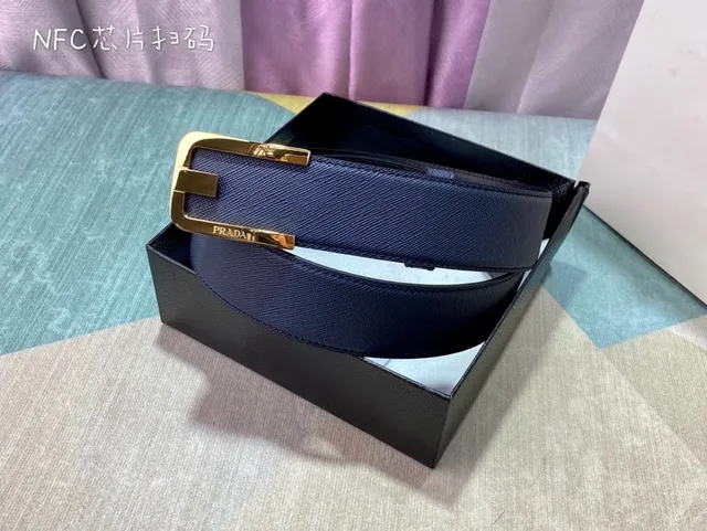 Prada Navy Gold Saffiano G-Shaped Buckle Leather Belt 6