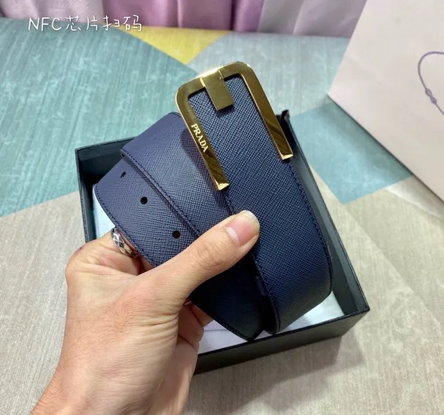Prada Navy Gold Saffiano G-Shaped Buckle Leather Belt 7