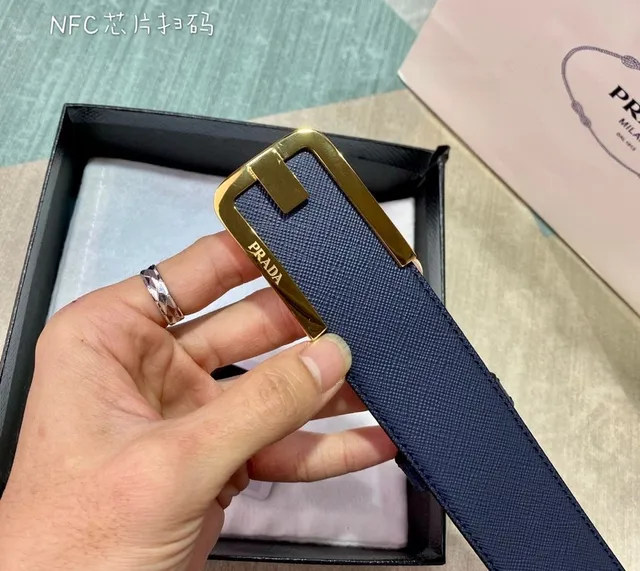 Prada Navy Gold Saffiano G-Shaped Buckle Leather Belt 8