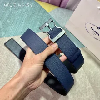 Prada Navy Silver Saffiano Texture Geometric Buckle Leather Belt