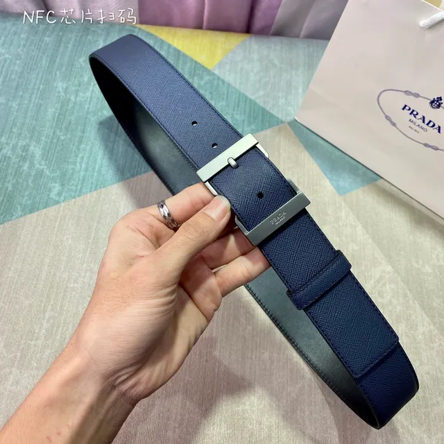 Prada Navy Silver Saffiano Texture Geometric Buckle Leather Belt 2