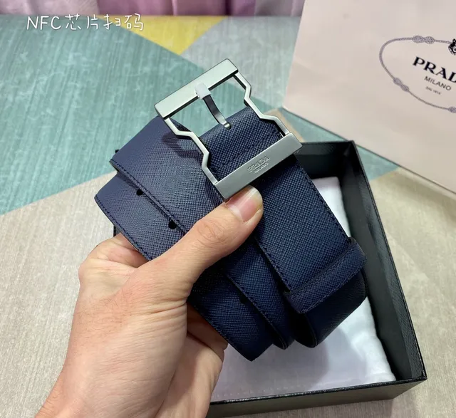 Prada Navy Silver Saffiano Texture Geometric Buckle Leather Belt 4