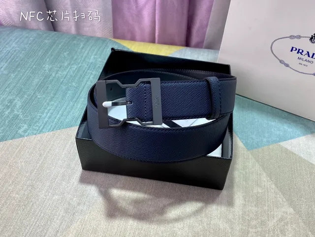 Prada Navy Silver Saffiano Texture Geometric Buckle Leather Belt 5